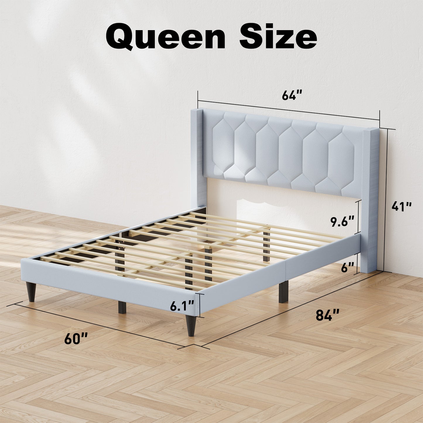 CHITOOMA Queen Bed Frame with Wingback Headboard, Velvet Upholstered Platform Bed Frame Queen Size No Box Spring Needed, Noise-Free, Heavy Duty, Light Grey