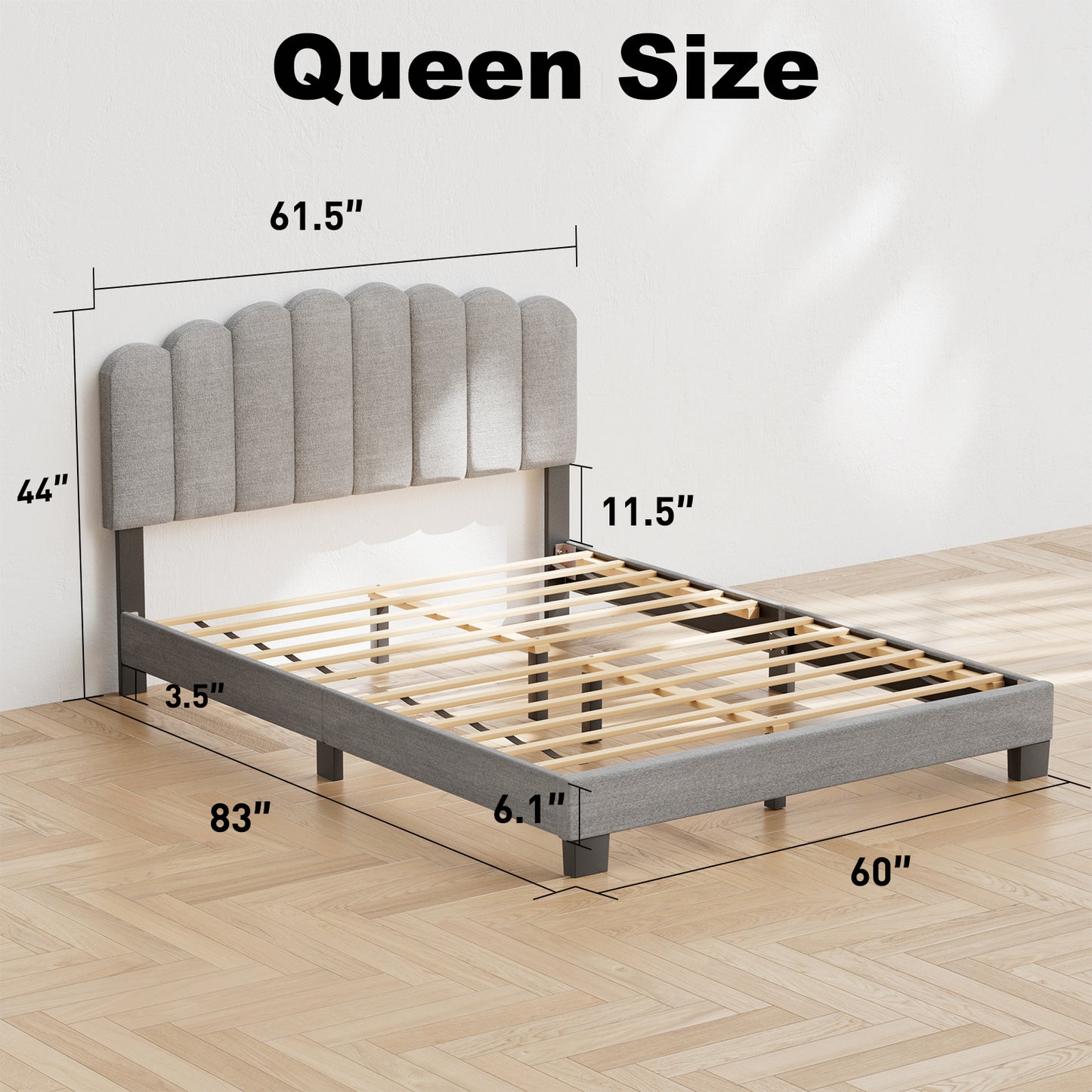 CHITOOMA Queen Bed Frame with Adjustable Headboard, Grey Linen Upholstered Platform Bed Frame Queen Size No Box Spring Needed, Noise-Free, Heavy Duty