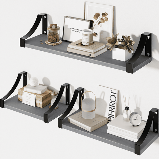 Set of 3 Wall Mounted Floating Shelves Wood Rustic Storage Shelves for Bedroom, Bathroom, Living Room(Gray)