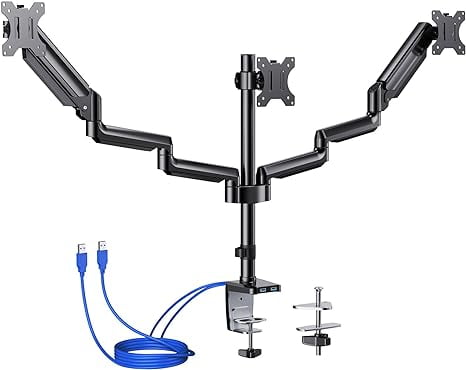 Triple Monitor Desk Mount Stand, Adjustable Gas Spring Arm Mount for 13 to 27 inch Computer Screens, Heavy-Duty VESA Compatible Triple Monitor Stand with USB, Each Arm Supports up to 17.6 lbs