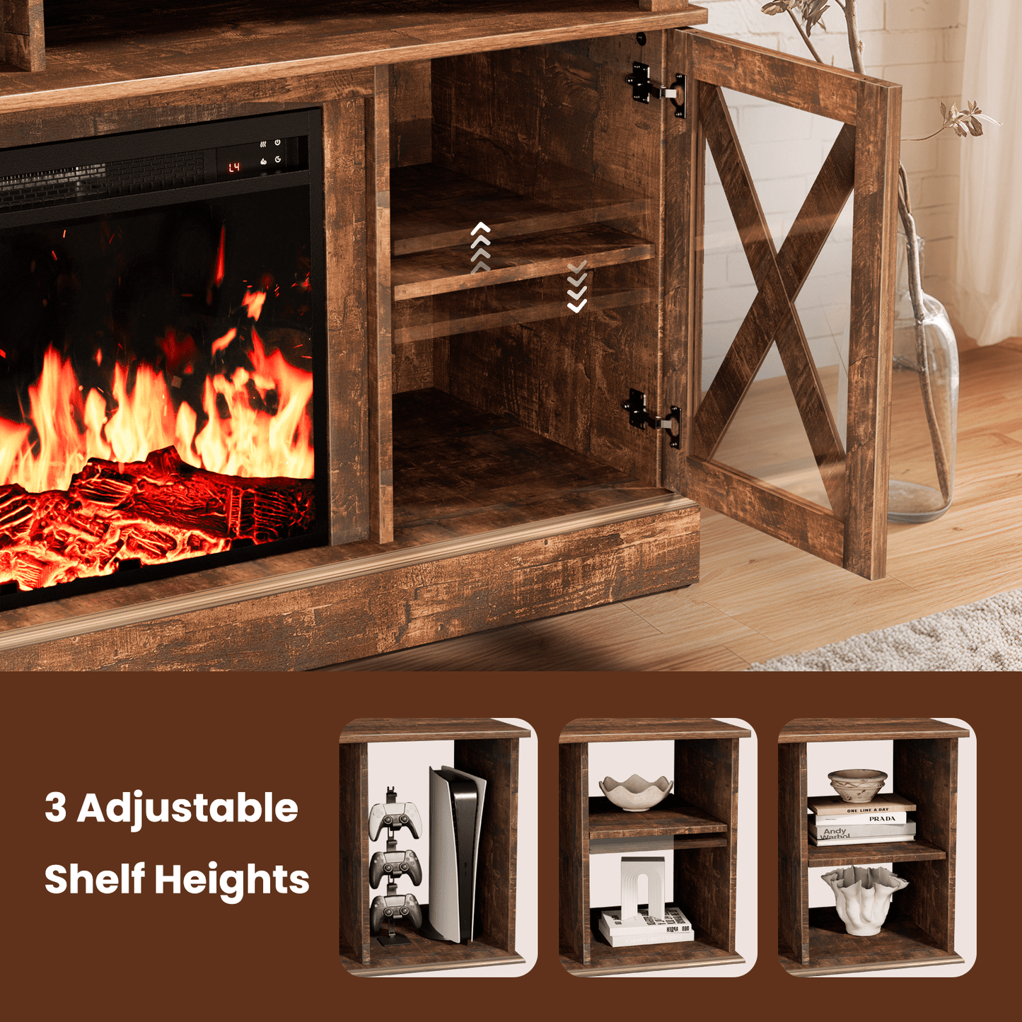 Electric Fireplace TV Stand for 70 inch TVs Farmhouse TV Console with 23″ Fireplace, Vintage Brown