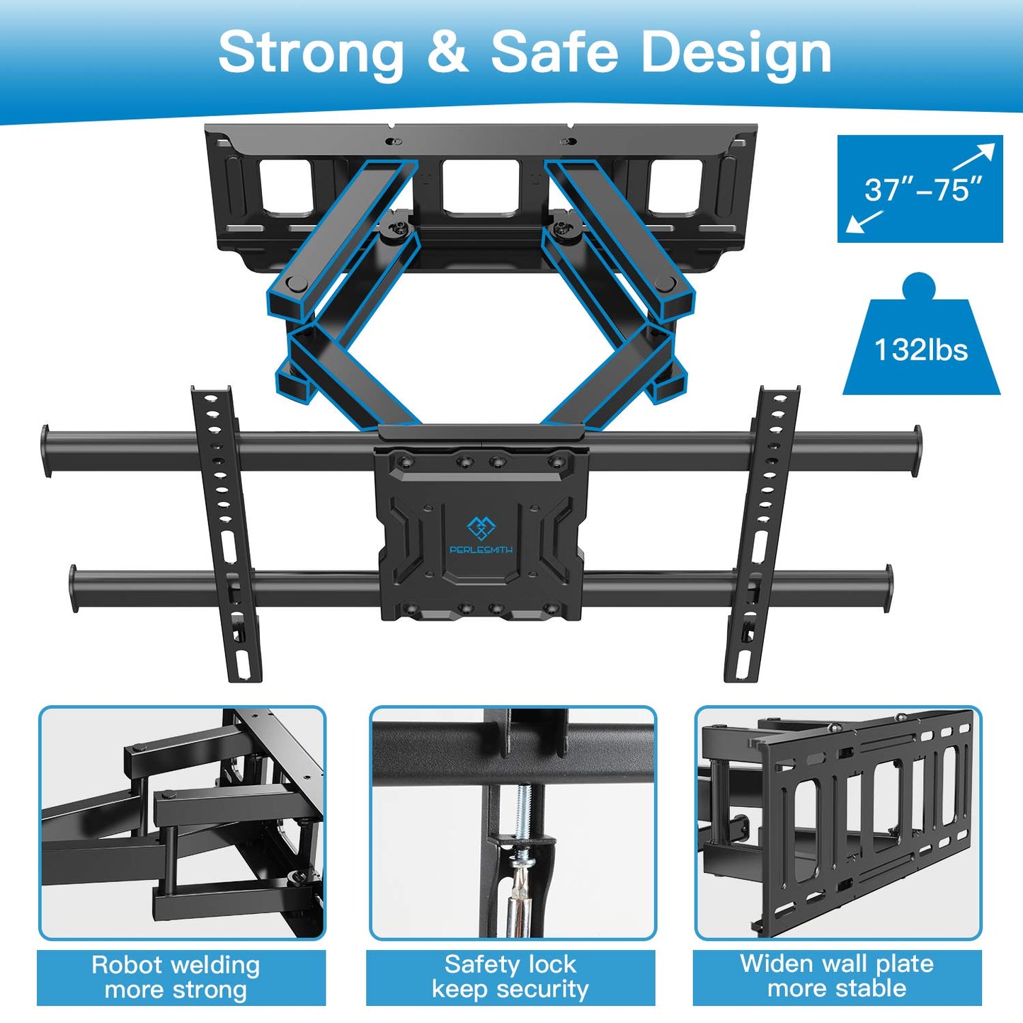MountFTV Full Motion Dual Articulating Arms Extension Rotation Tilt TV Wall Mount for 37-75 inch LED LCD OLED 4K Flat Curved TV, Max 600x400mm, Holds up to 132 lbs