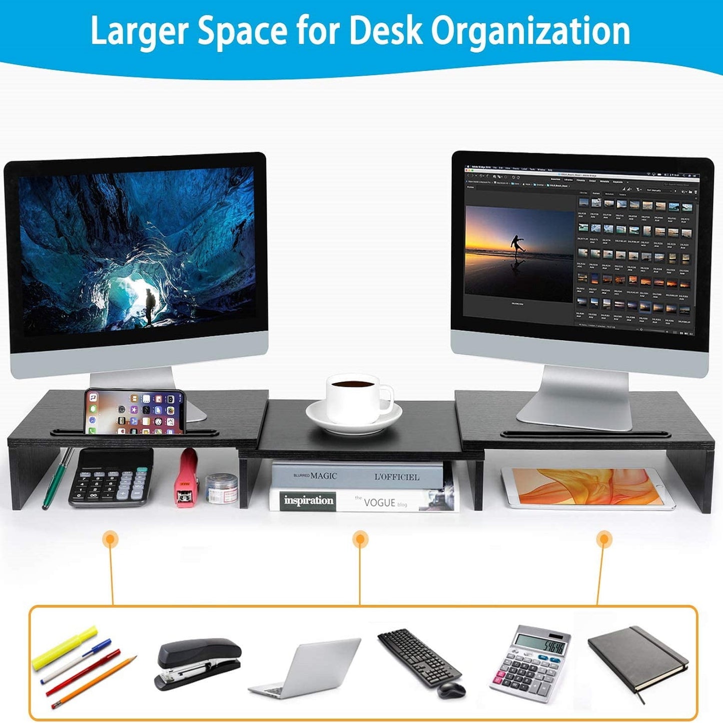 Myfurnideal Dual Monitor Stand Adjustable Monitor Stand Riser with Tablet & Cellphone Slot Computer Stand for PC, Computer, Laptop, Printer - Walmart.com
