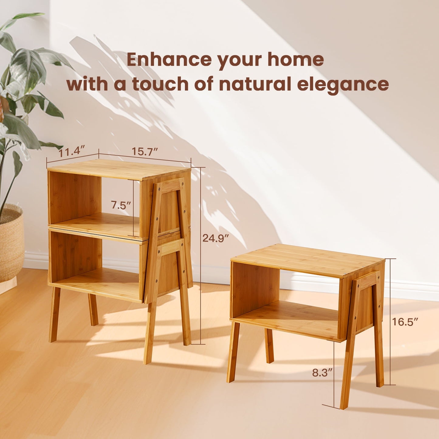 Bamboo Stackable End Tables, Wood Living Room Nightstand, Bedside Tables for Bedroom Storage, Versatile End Table, Rustic Nightstand, Set of 2