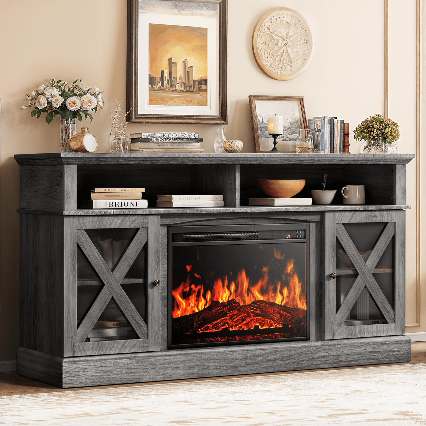 CHITOOMA Electric Fireplace TV Stand for 65 inch TVs Farmhouse TV Console with 23″ Fireplace, Gray