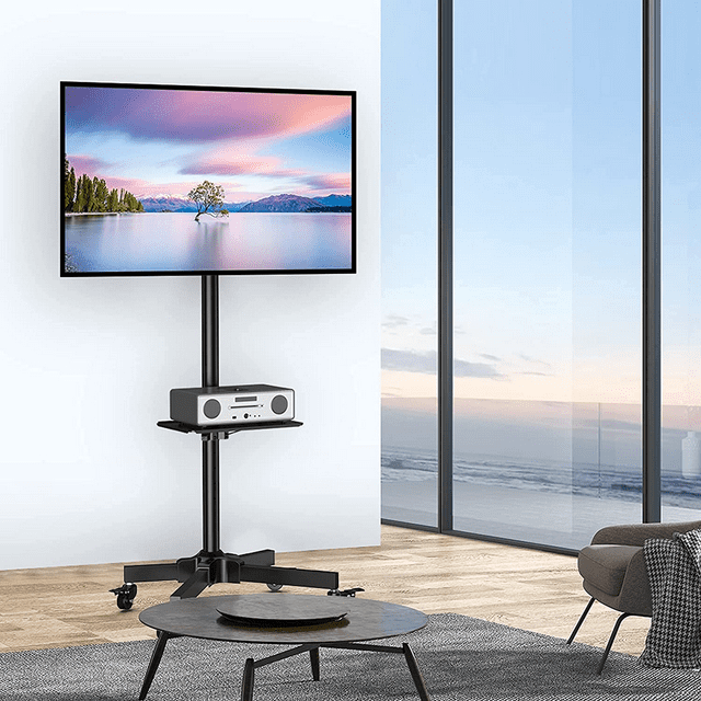 MountFTV Rolling TV Cart with Lockable Wheels for 23-60 inch LCD LED OLED Flat Curved TVs, Height Adjustable Mobile TV Stand for Home, Office, Black