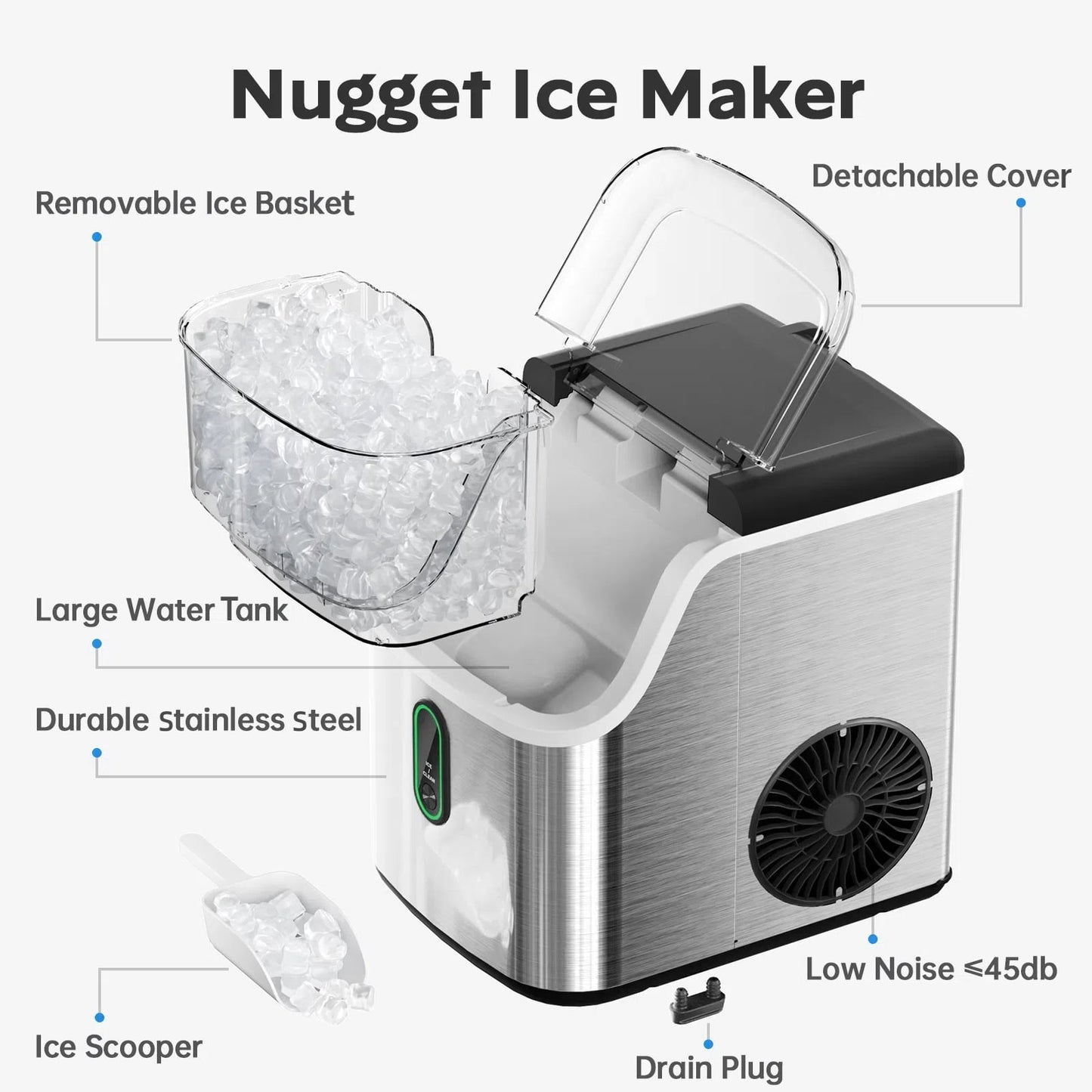 Philergo Nugget Ice Maker Countertop, Pebble Ice Maker Machine with Self-Cleaning, 34lbs/24hr, Soft Chewable Pellet Ice Maker for Home, Kitchen, Stainless Steel