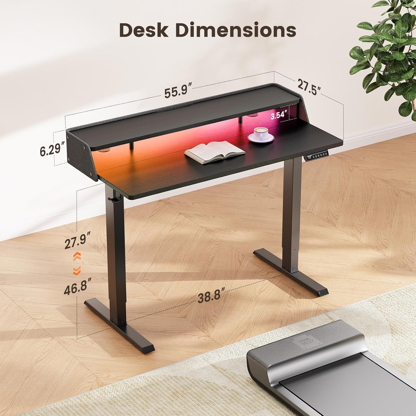 55" x 28″ Electric Standing Desk with Shelf and RGB LED Strip, Adjustable Height Computer Desk for Gaming, Home, Black