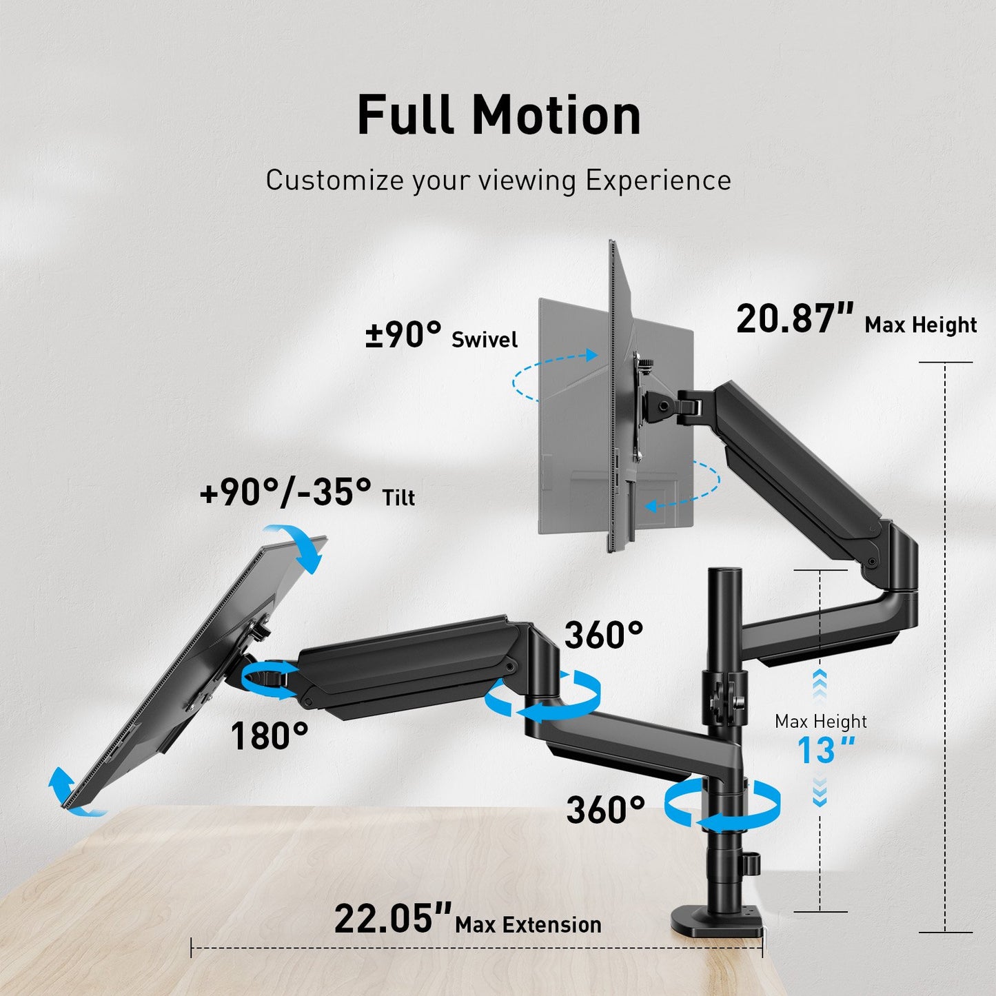 Dual Monitor Mount for 13-32 inch Screens, Adjustable Dual Monitor Arm with 180° Swivel