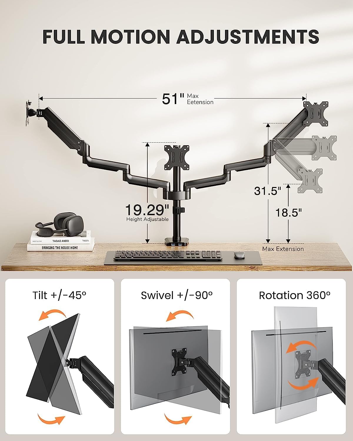 Triple Monitor Desk Mount Stand, Adjustable Gas Spring Arm Mount for 13 to 27 inch Computer Screens, Heavy-Duty VESA Compatible Triple Monitor Stand with USB, Each Arm Supports up to 17.6 lbs