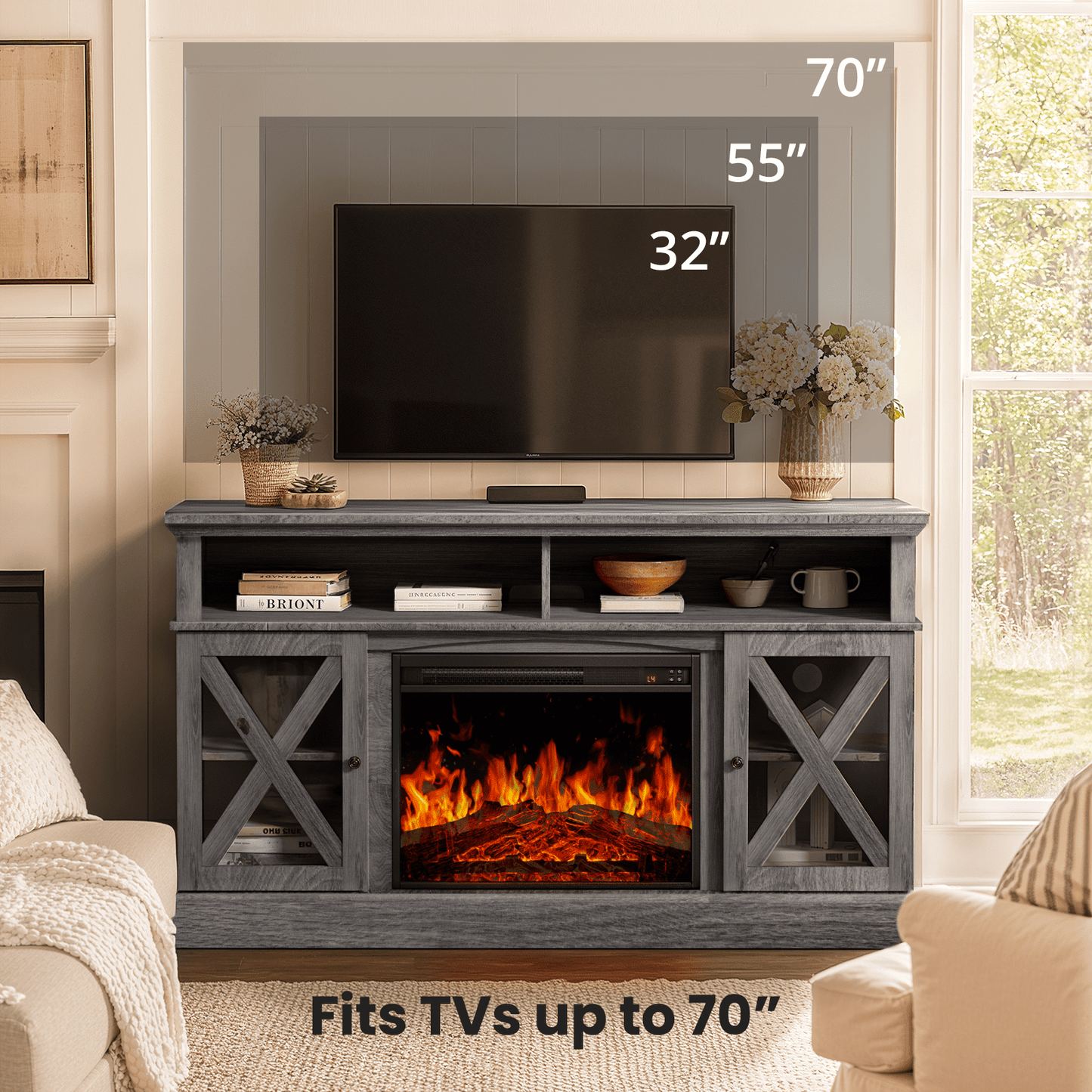CHITOOMA Electric Fireplace TV Stand for 65 inch TVs Farmhouse TV Console with 23″ Fireplace, Gray