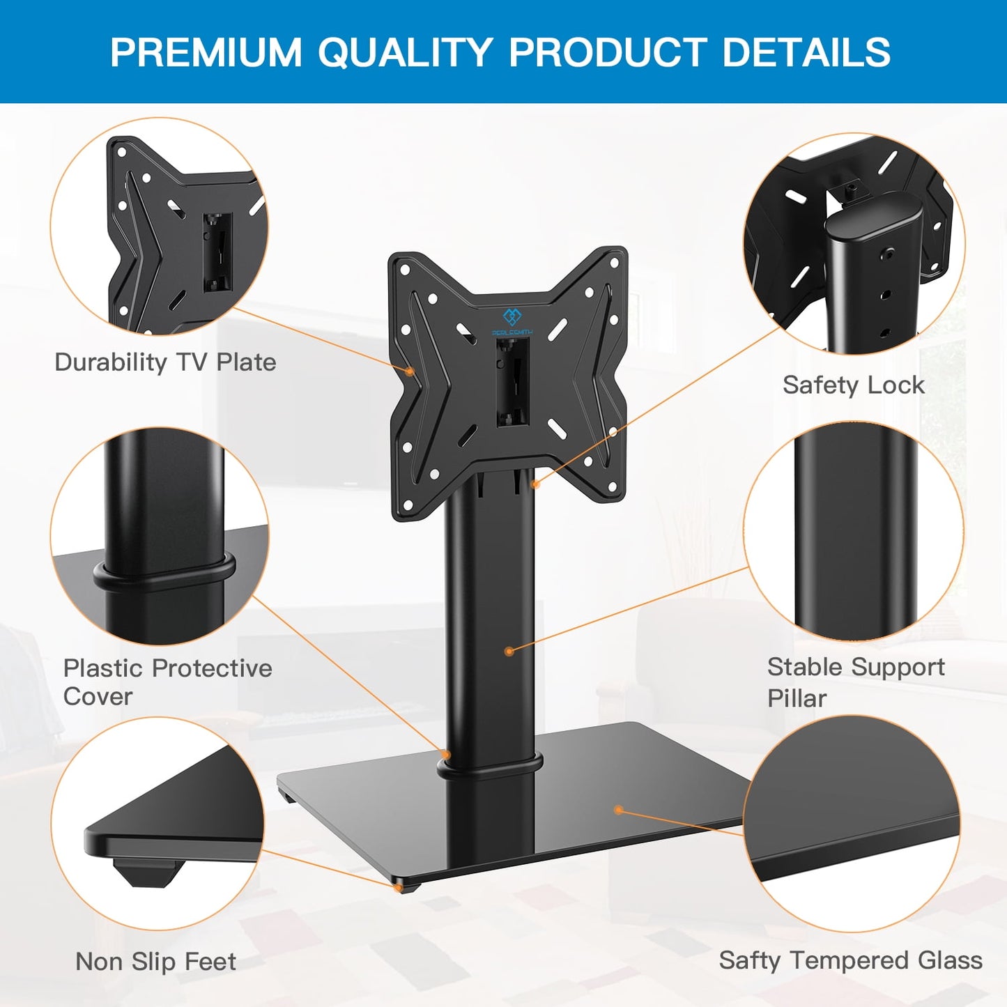 PERLESMITH Swivel Universal TV Stand for 19-39" TVs/Monitor/PC Height Adjustable with Tempered Glass Base Max 200x200