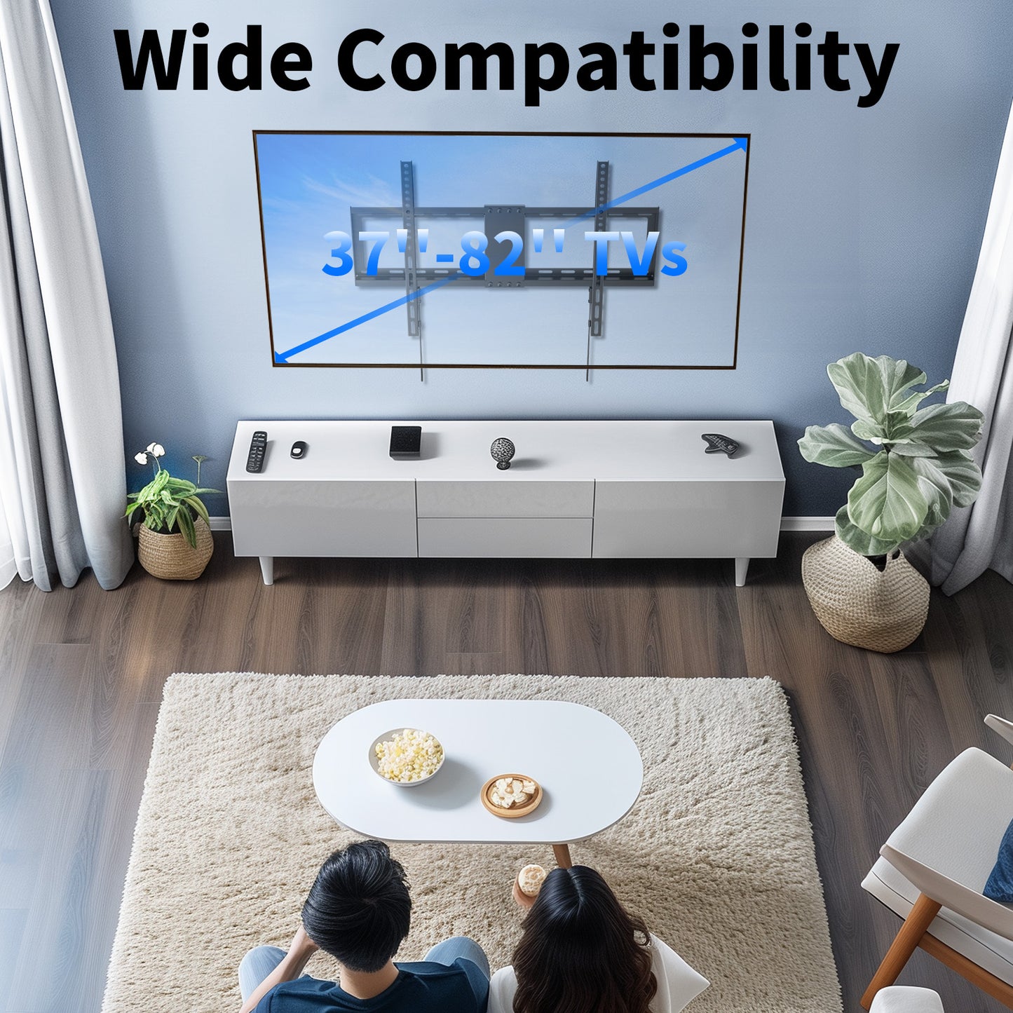MountFTV Fixed TV Wall Mount for 32-82 inch TVs, Tilt TV Wall Bracket with Adjustable Pull Cords, Max 600 x 400mm, Hold up to 132 lbs