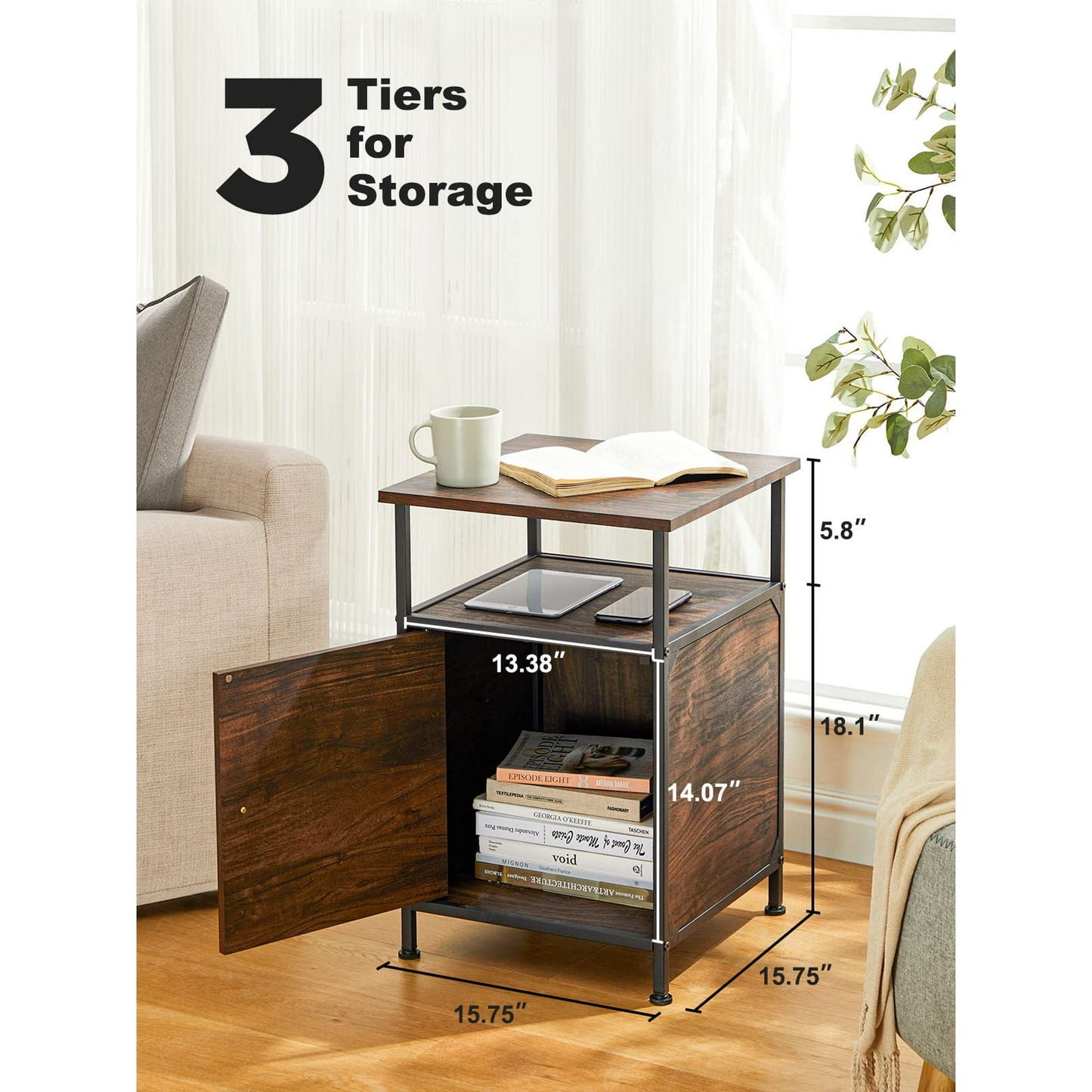 2-Tier Rustic Full Metal Frame Nightstand Table Bedside End Table with Drawer for Livingroom Bedroom