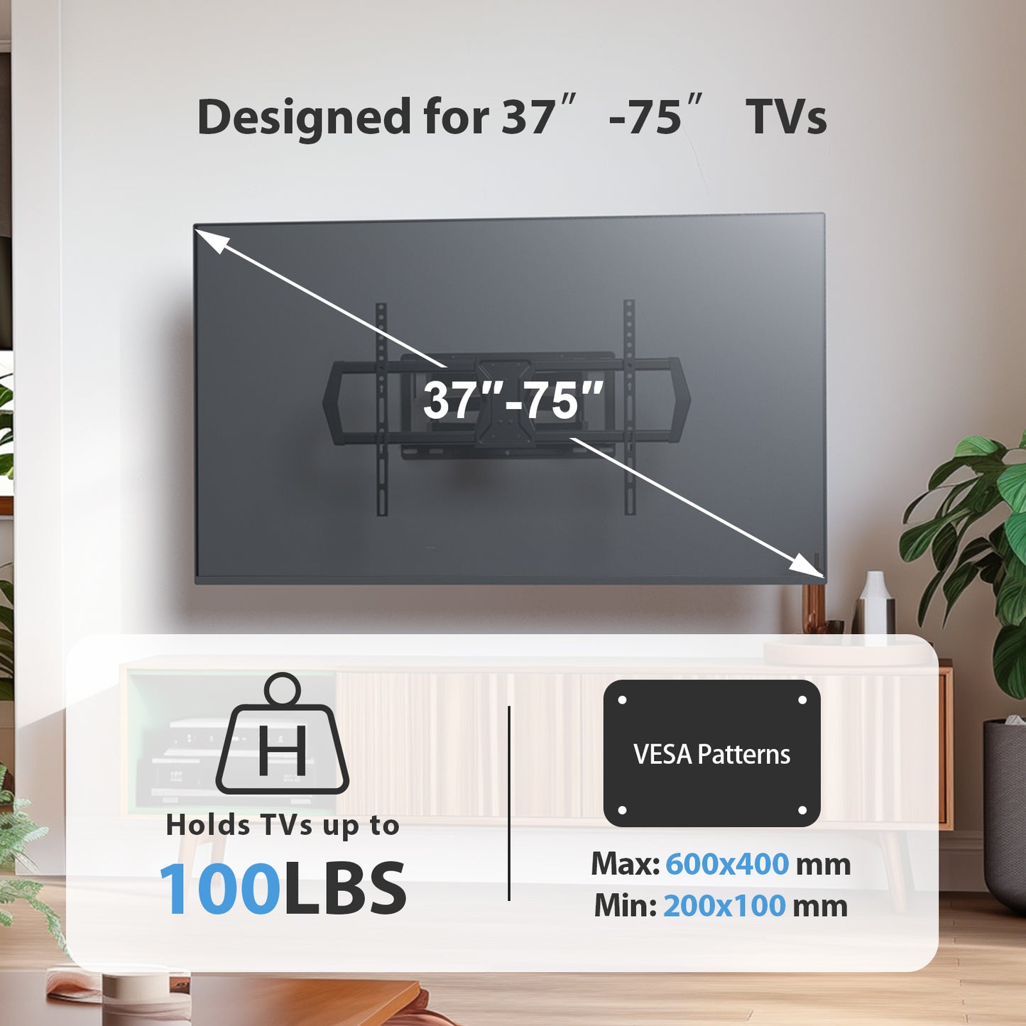 MountFTV Full Motion TV Wall Mount Bracket for Most 37-75 inch TVs with Dual Articulating Arms, Swivel, Tilt, Max 600x400mm, Holds up to 100 lbs