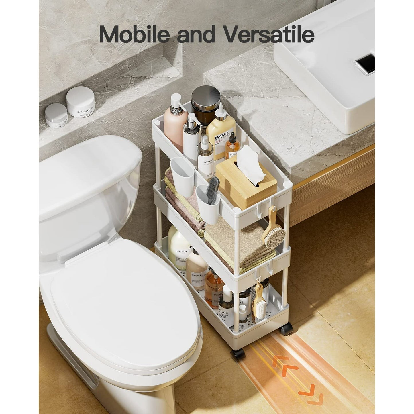 2 Pack 3 Tier Removable Slim Storage Rolling Cart Bathroom Organizer with Hanging Cups & Hooks for Home Bathroom, Kitchen(White)