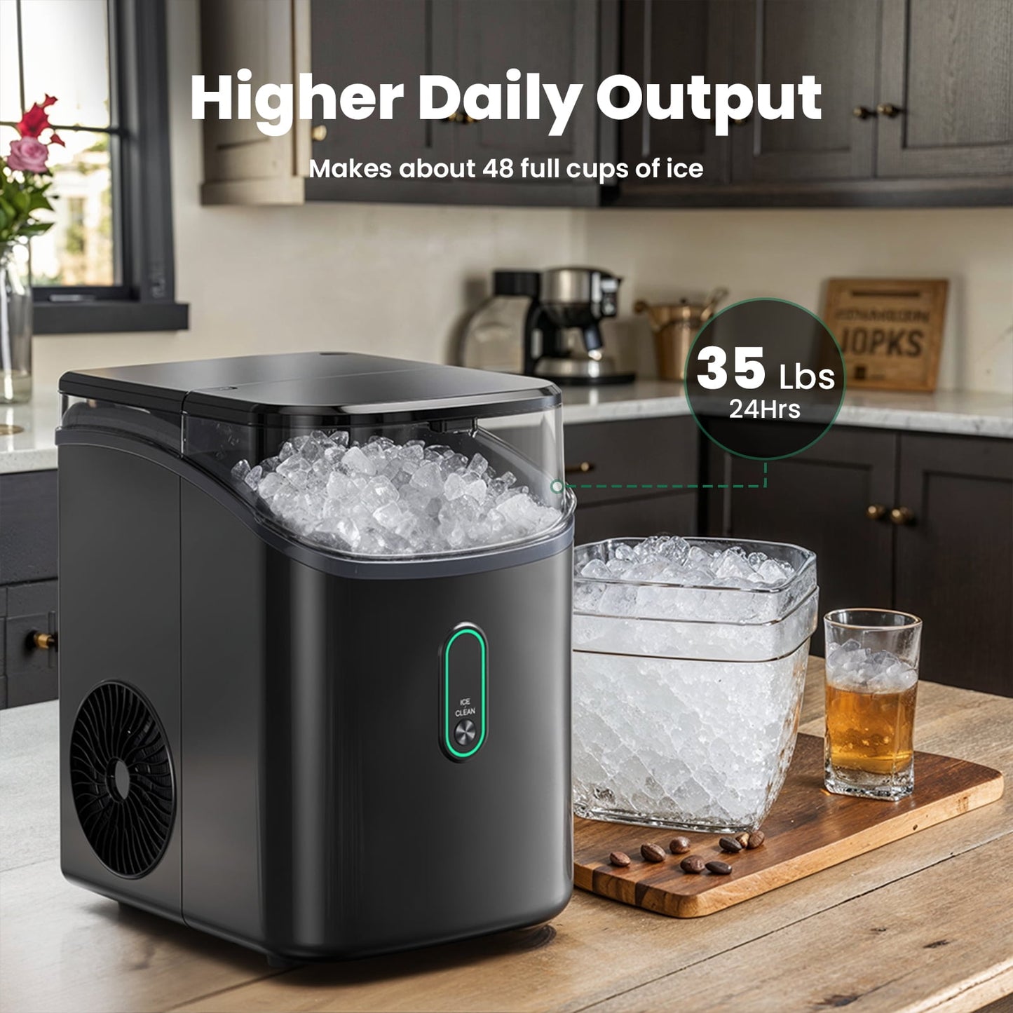 Philergo Nugget Ice Maker Countertop, WiFi Pebble Ice Machine with Timer and Self-Cleaning Function, 35 lbs/24 Hrs for Home, Kitchen, RV, Camping, Black