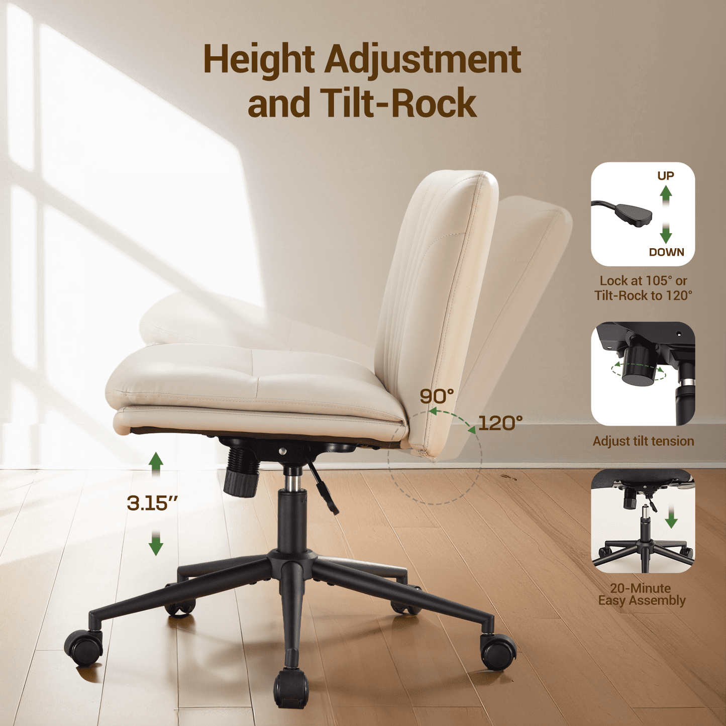 PU Armless Office Desk Chair with Wheels,PU Leather Cross Legged Wide Chair,Mid Back Adjustable Swivel Computer Task Chairs Vanity Chair for Home,Office(Beige) - Walmart.com
