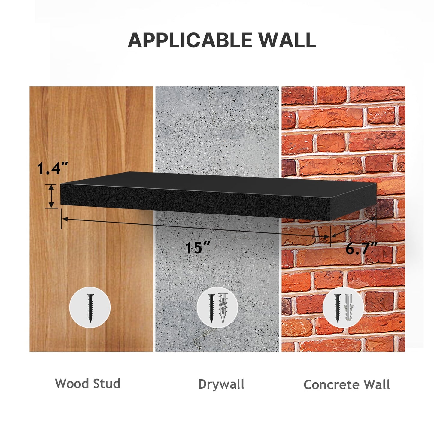 3 Sets 15 x 7" Wall Mounted Floating Shelves, Storage Shelves Perfect for Bedroom, Bathroom, Living Room and Kitchen Storage