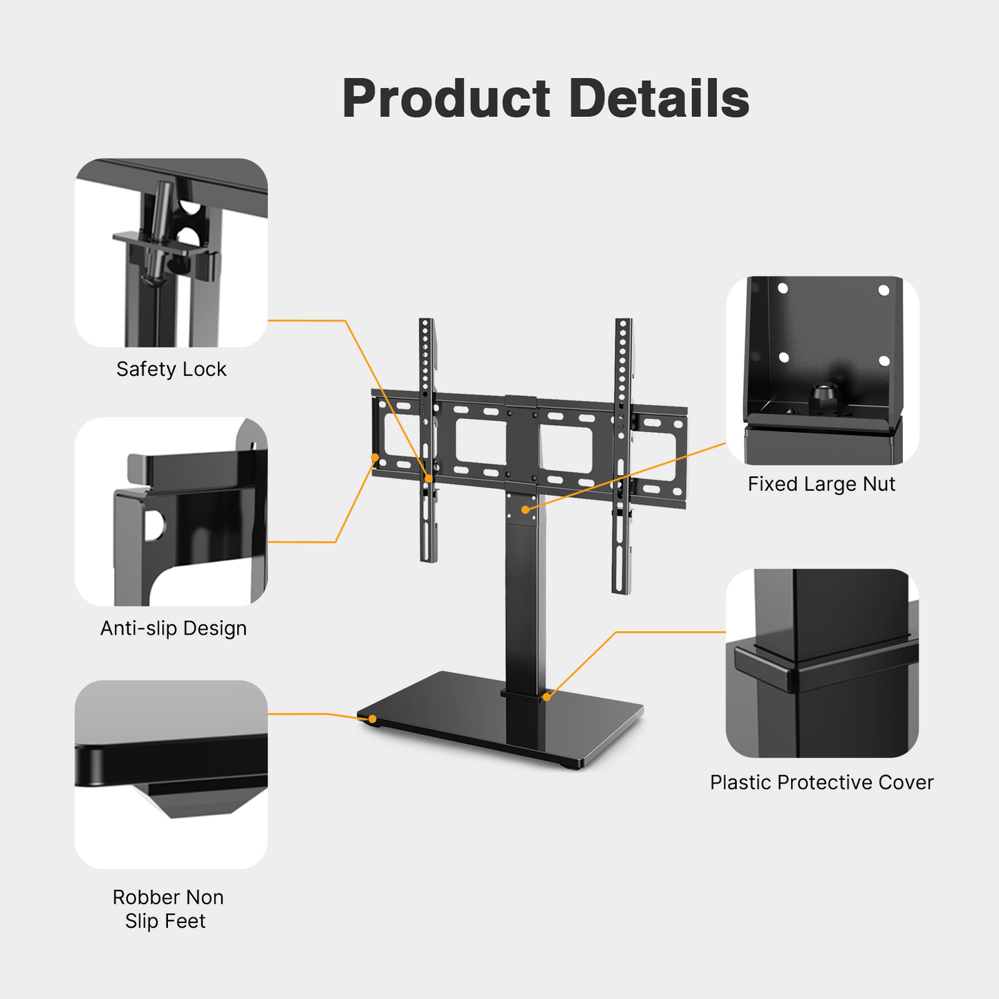 Universal Swivel TV Mount Stand Base for 37 to 70 inch LCD LED TVs, Height Adjustable Table Top TV Stand with Tempered Glass Base, Max 600x400mm, Holds up to 88lbs