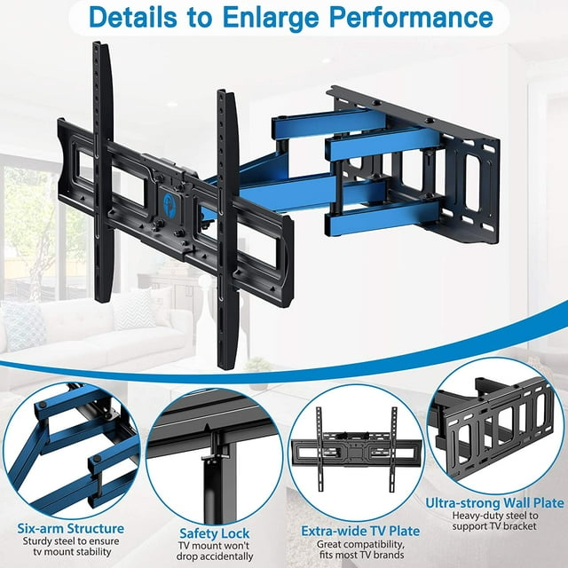 MountFTV Full Motion TV Wall Mount Bracket for 37-75 Inch LCD, QLED,OLED 4K Flat Curved TVs, Max 600x400mm,hold up to 132lbs