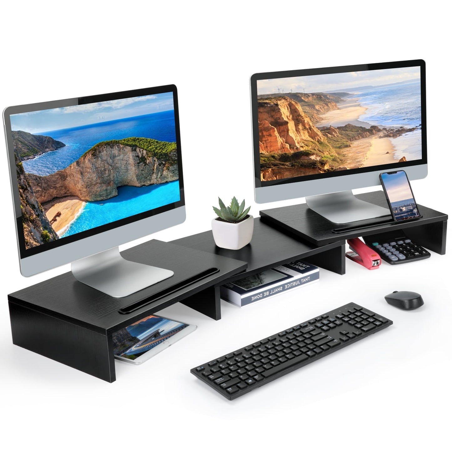 Myfurnideal Dual Monitor Stand Adjustable Monitor Stand Riser with Tablet & Cellphone Slot Computer Stand for PC, Computer, Laptop, Printer - Walmart.com