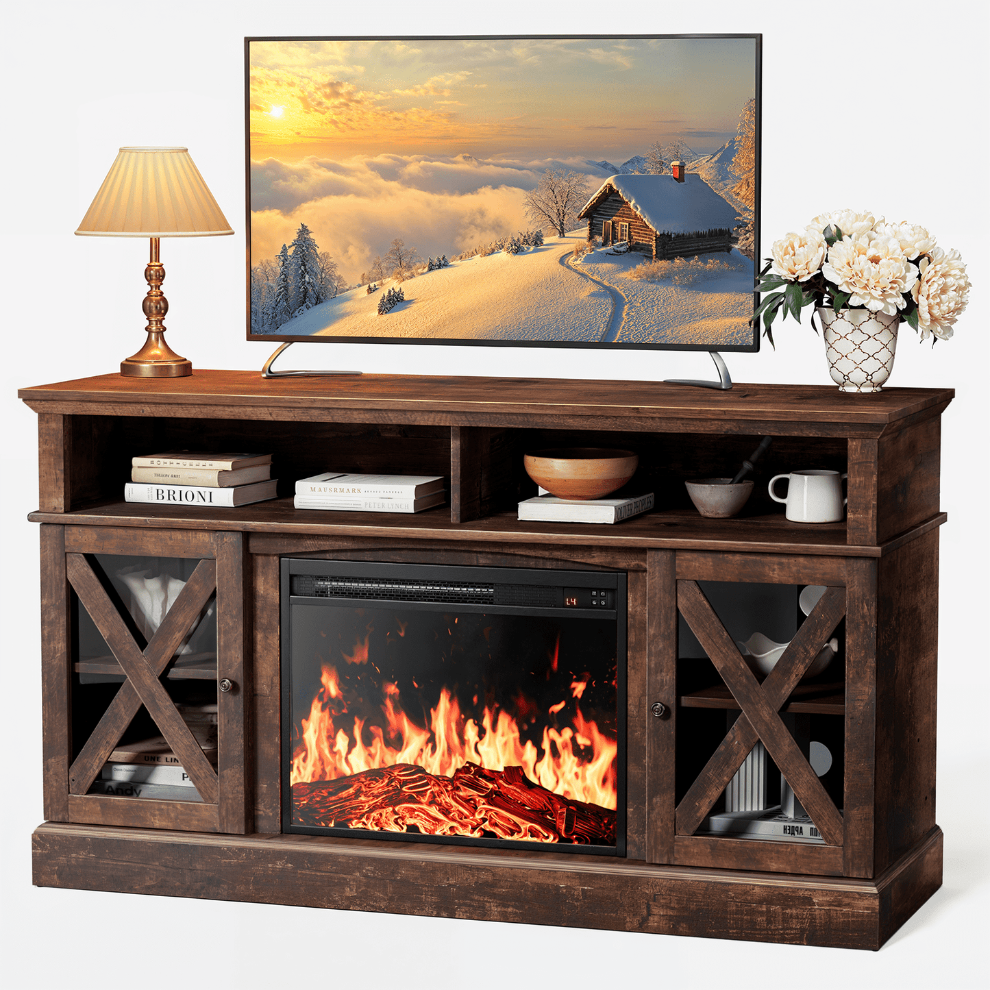 Electric Fireplace TV Stand for 70 inch TVs Farmhouse TV Console with 23″ Fireplace, Vintage Brown