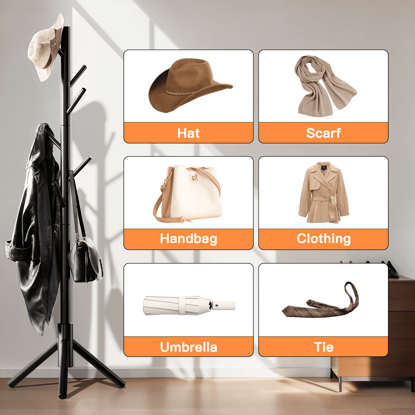 Coat Rack Stand with 3 Height Options and 8 Hooks Wooden Freestanding Coat Rack for Home, Office, Entryway, Hallway