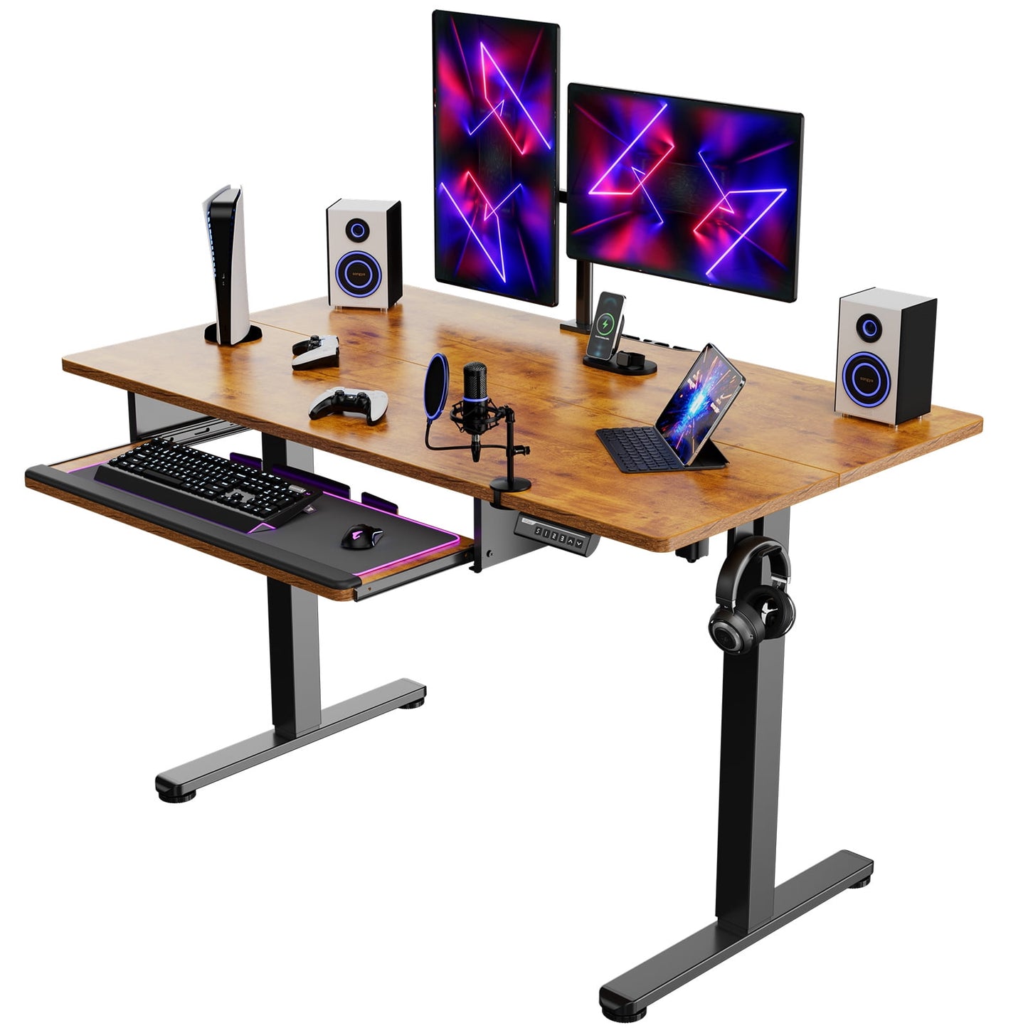 Electric Standing Desk with Keyboard Tray, 48" x 24" Adjustable Height Sit Stand Up Desk, Home Office Desk Computer Workstation, Vintage Brown