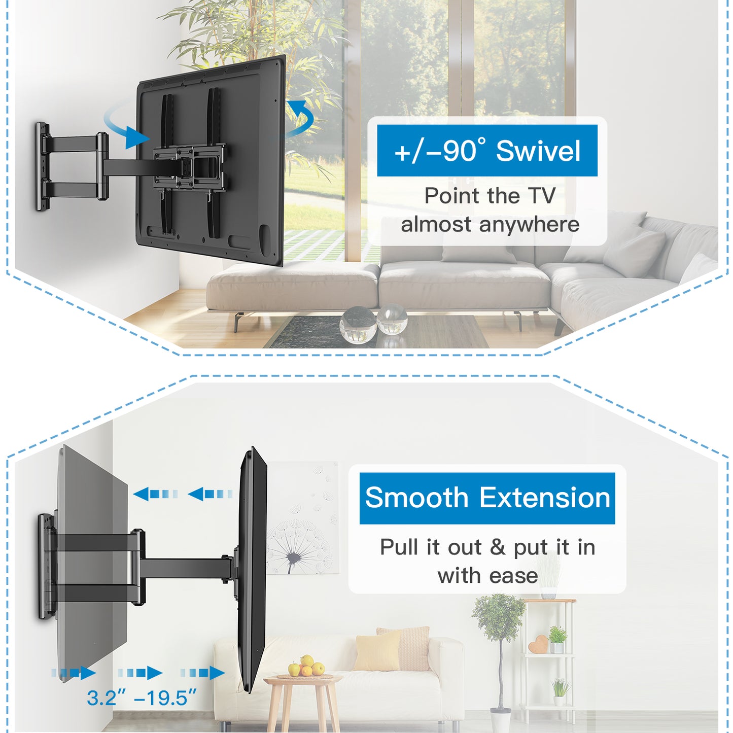 MountFTV Full Motion TV Wall Mount Bracket for 32-55 inch LED LCD OLED Flat Curved Screen TVs Up to 77lbs,Max 600x400mm