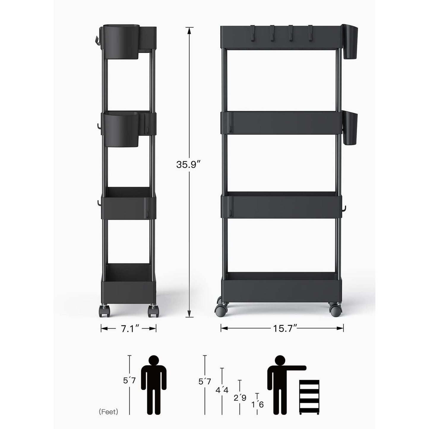4 Tier Removable Slim Storage Cart with Wheels, Bathroom Cart Organizer Small, Rolling Cart for Bathroom, Kitchen, Narrow Space, Black