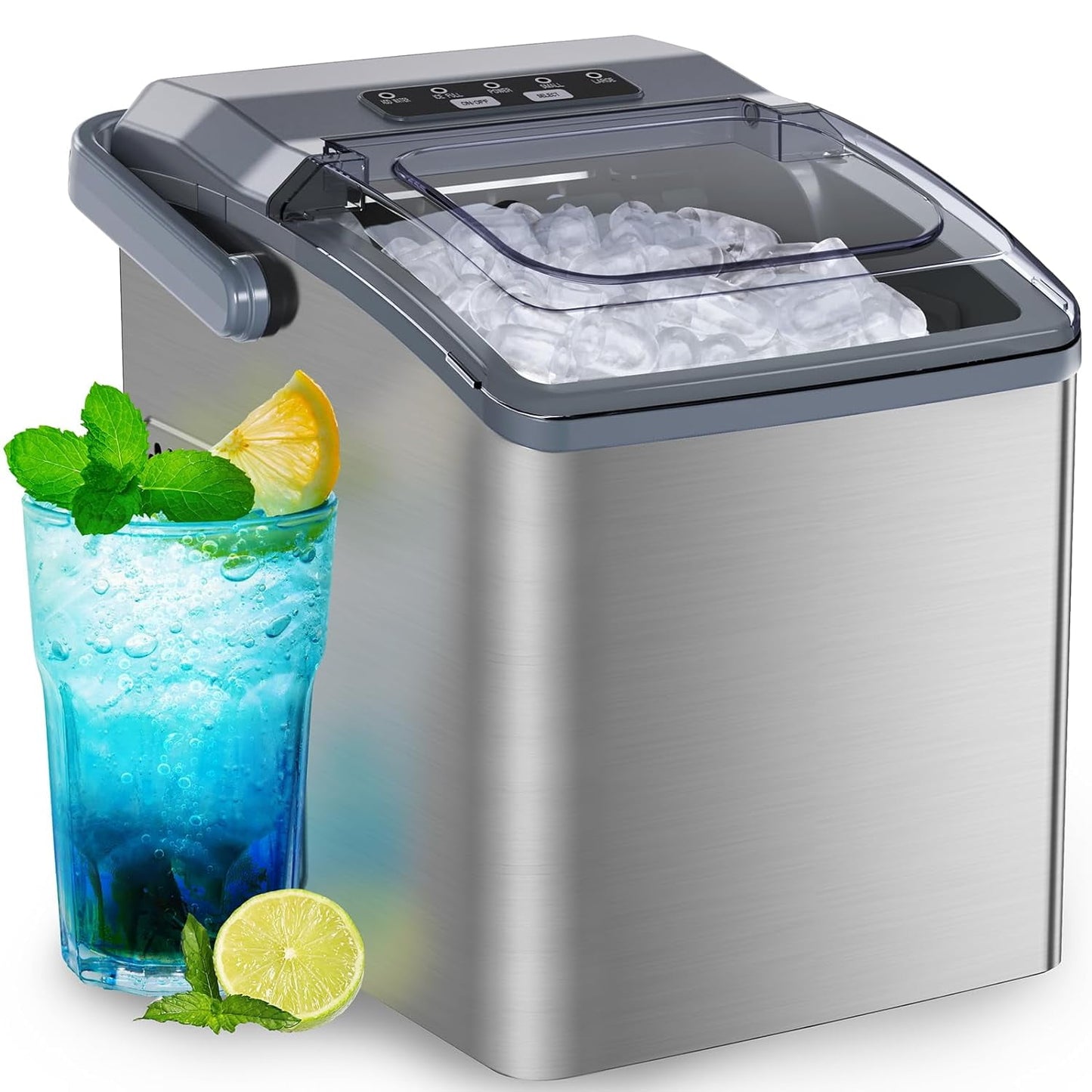 Ice Makers Countertop,Ice Maker Machine 6 Mins 9 Bullet Ice, 26 Lbs/24 Hrs, Nugget Ice Maker with Self Cleaning Function, Ice Maker for Home Kitchen Party, Silver