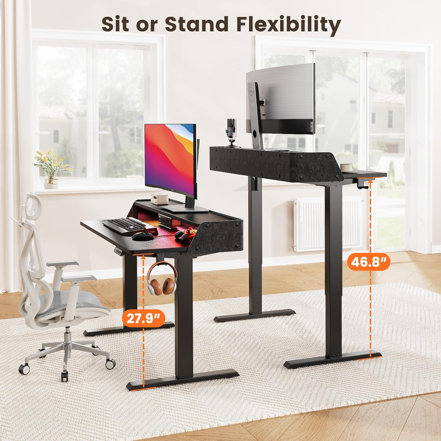 55" x 28″ Electric Standing Desk with Shelf and RGB LED Strip, Adjustable Height Computer Desk for Gaming, Home, Black