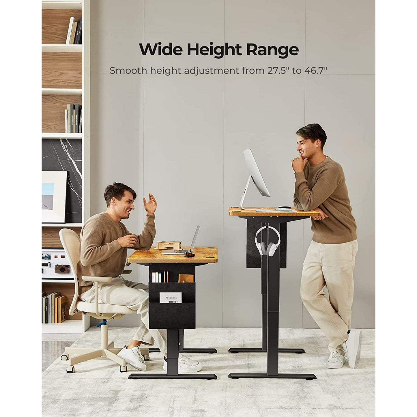 CHITOOMA 48" x 24" Electric Standing Desk, Adjustable Height Sit to Stand Desk with 4 Memory Pre-Set, Storage Bag, Headphone Hook for Home Office, Rustic Brown