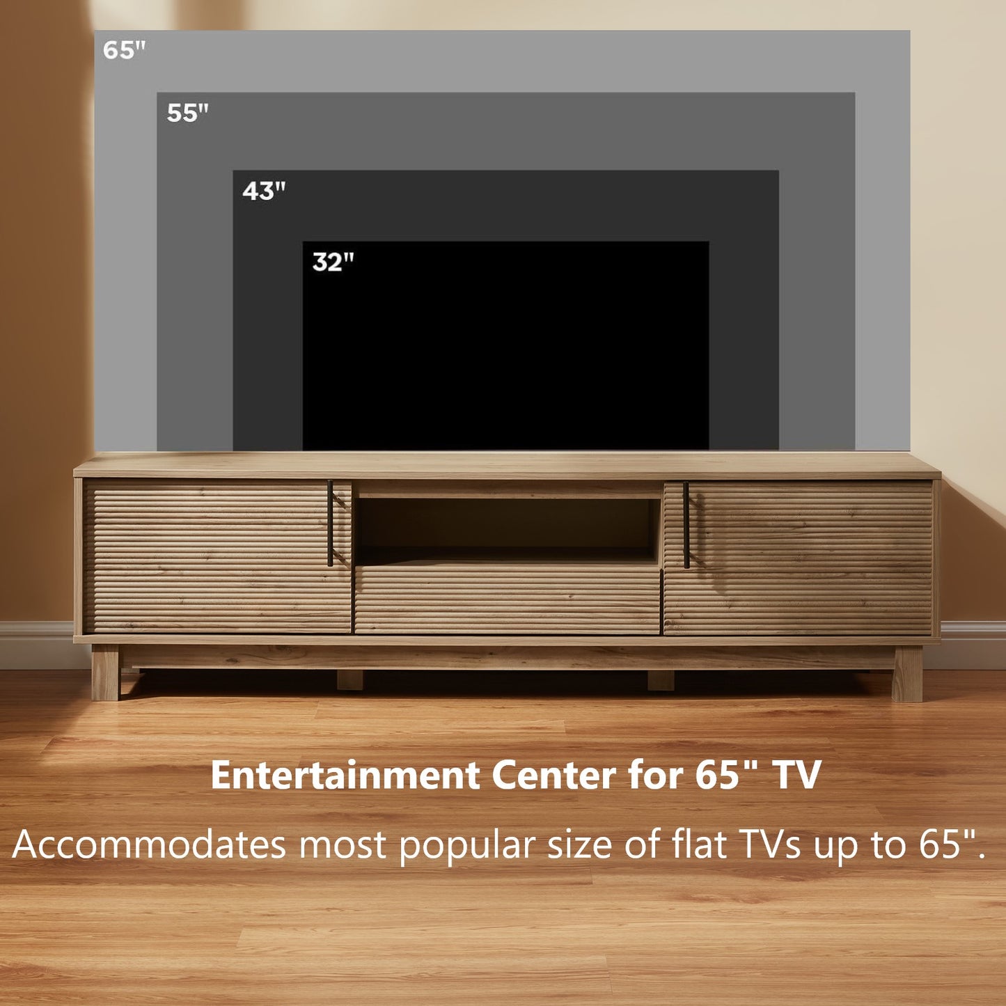 Mid-Century Modern TV Stand for 65″ TVs, Wood TV Console with Reeded 2-Door for Living Room, Nature