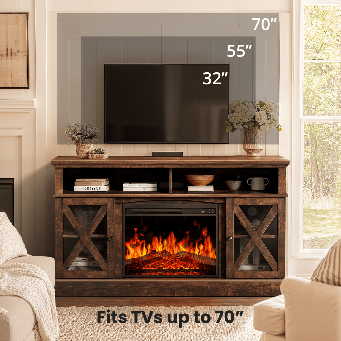 Electric Fireplace TV Stand for 70 inch TVs Farmhouse TV Console with 23″ Fireplace, Vintage Brown