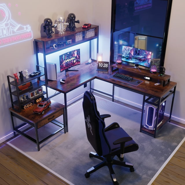 67'' L Shaped Computer Desk with Hutch & Monitor Stand Reversible L-Shaped Gaming Desk with Power Outlet & LED Strip for Home Office, Brown - Walmart.com