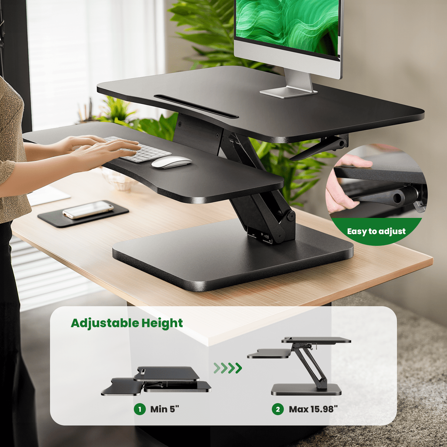 Standing Desk Converter, 32 inch Height Adjustable Desk Riser or Dual Monitor Workstation with Removable Keyborad Tray for Home Office