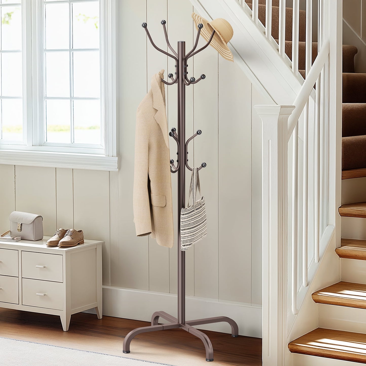 CHITOOMA 14 Hooks Coat Rack Stand Metal Storage Rack Freestanding Hat Clothing Display Stand, Bronze