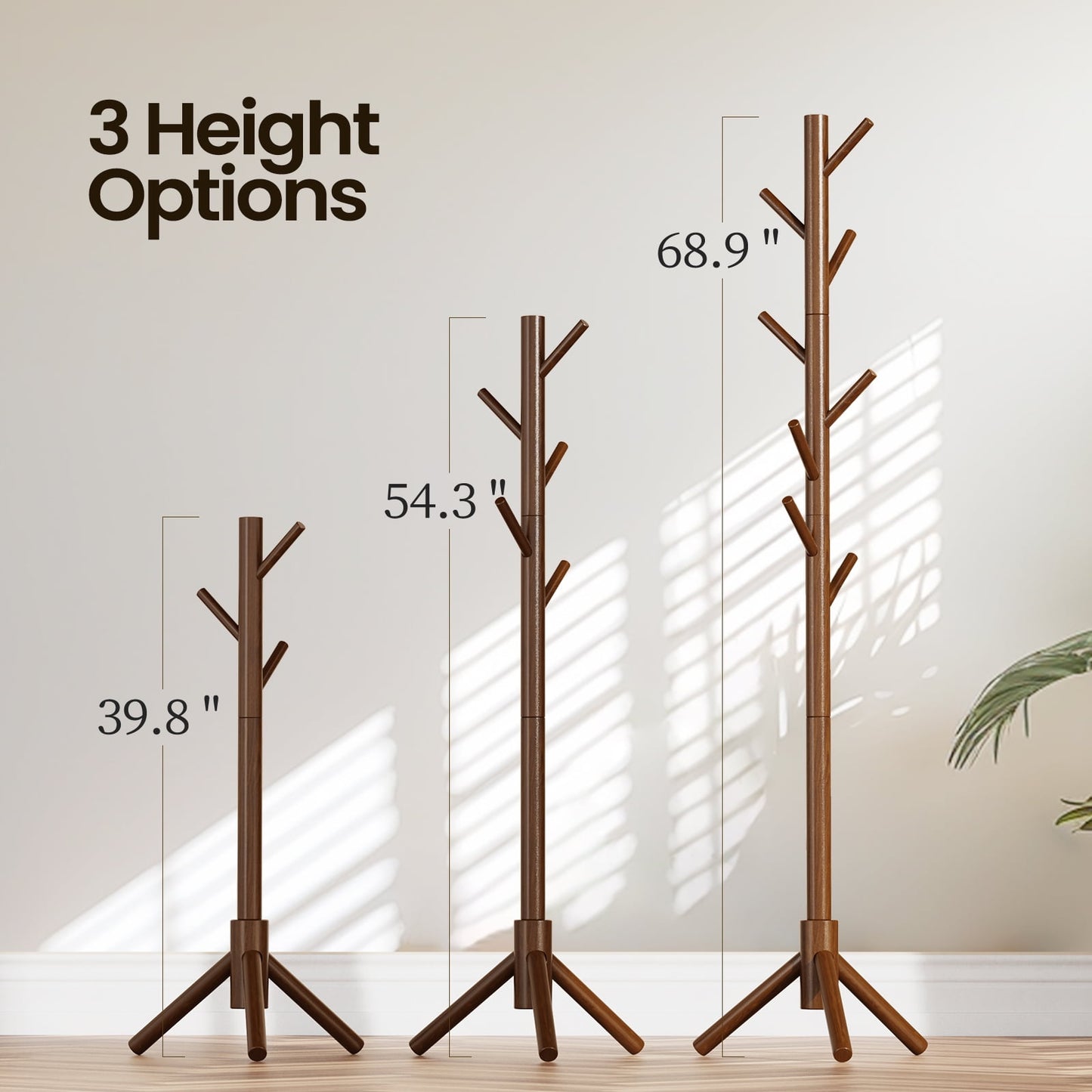 Coat Rack Stand, Coat and Hat Hanger Freestanding Standtree, 8 Hook and 3 Adjustable Heights Coat Tree, Home, Office, Entryway, Hallway