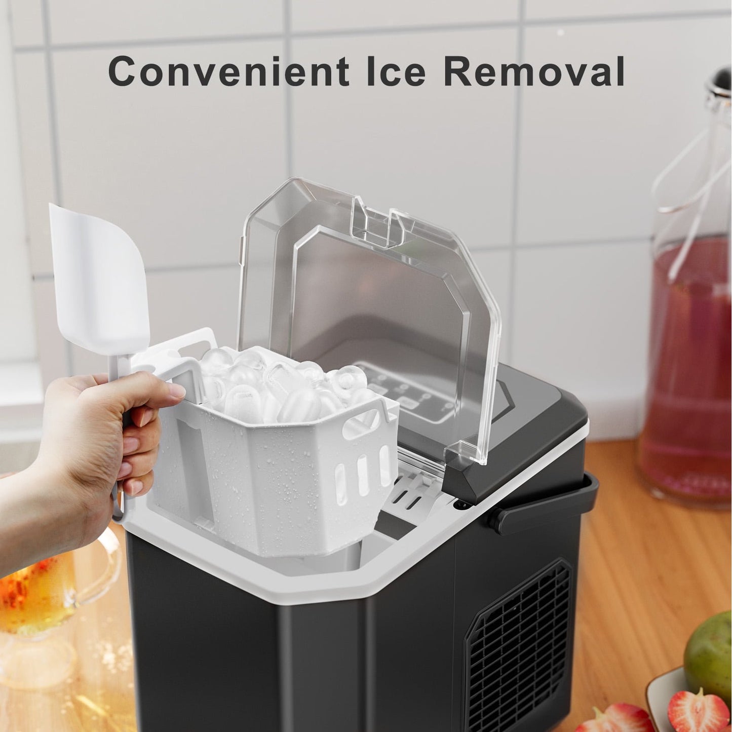 Portable Ice Maker Countertop, 9Pcs/8Mins, 26lbs/24H, Self-Cleaning Ice Machine with Handle, 2 Sizes of Bullet Ice for Home Kitchen Office Bar Party, Black