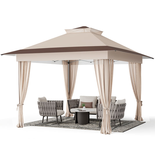 CHITOOMA 13 x 13 ft Outdoor Pop-up Gazebo, Patio Canopy Tent with Mosquito Nettings Vented Top and 169 Square ft of Shade for Garden, Party, Backyard, Khaki