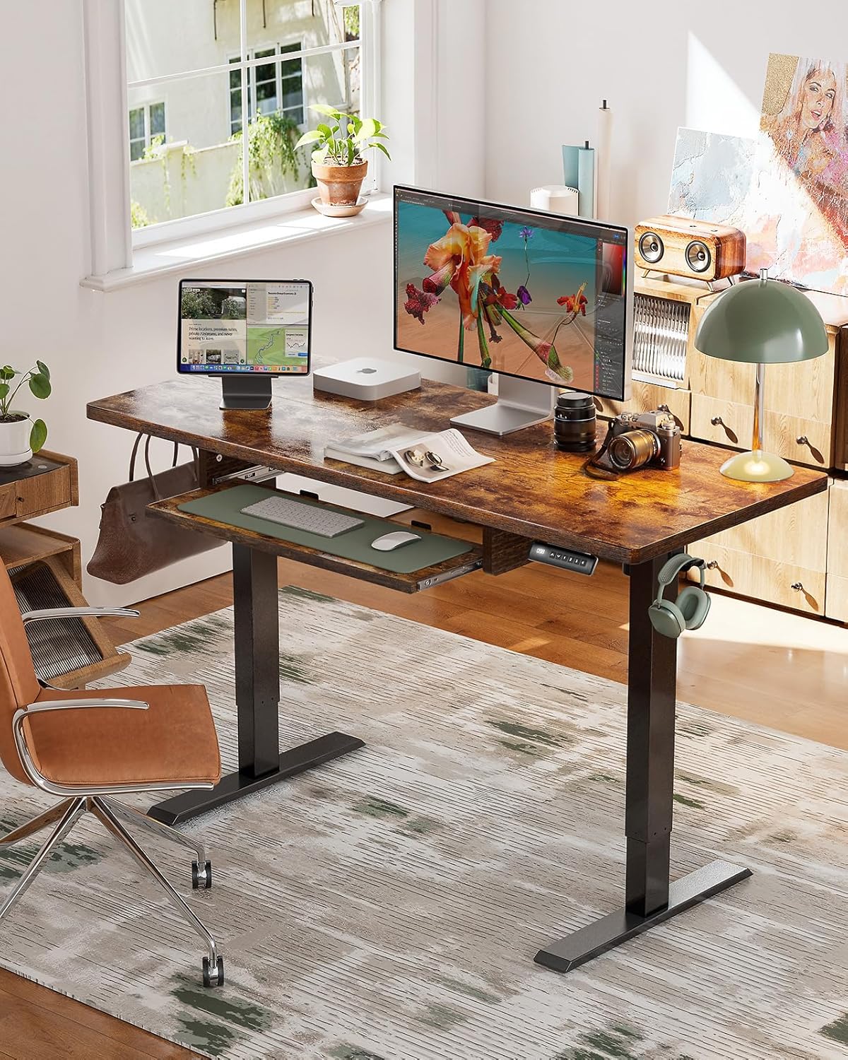 CHITOOMA 55" x 24" Electric Standing Desk with Keyboard Tray, Adjustable Height Sit Stand Up Desk, Home Office Gaming Desk Computer Workstation, Vintage Brown