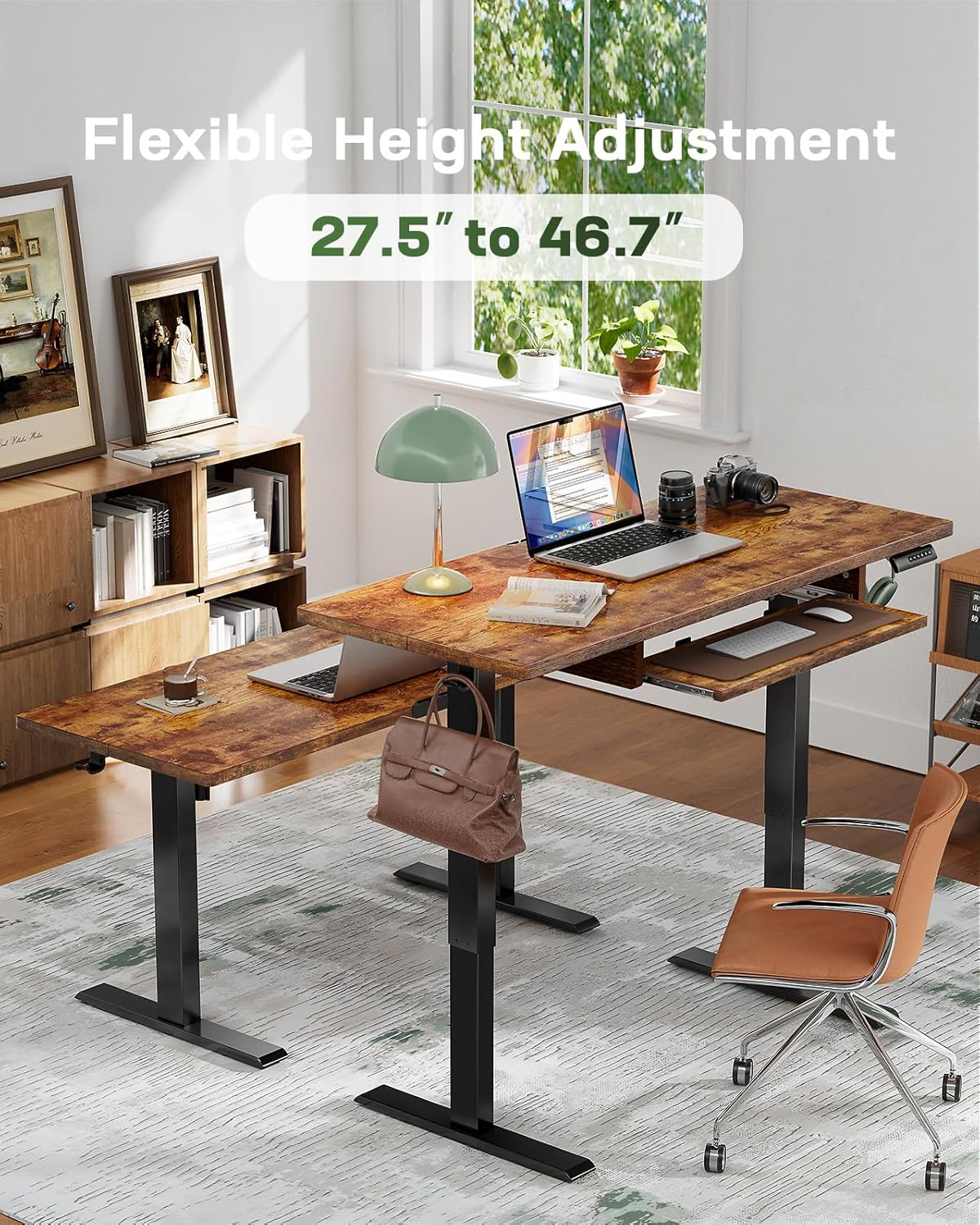 CHITOOMA 55" x 24" Electric Standing Desk with Keyboard Tray, Adjustable Height Sit Stand Up Desk, Home Office Gaming Desk Computer Workstation, Vintage Brown