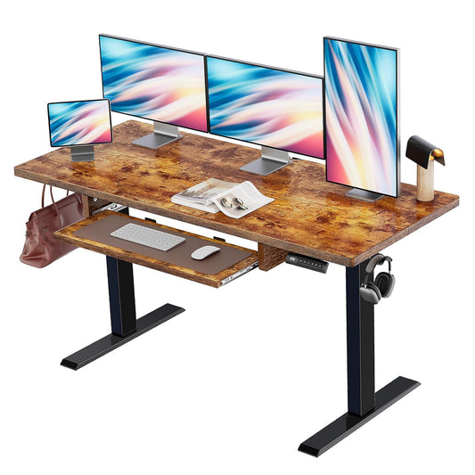 CHITOOMA 55" x 24" Electric Standing Desk with Keyboard Tray, Adjustable Height Sit Stand Up Desk, Home Office Gaming Desk Computer Workstation, Vintage Brown