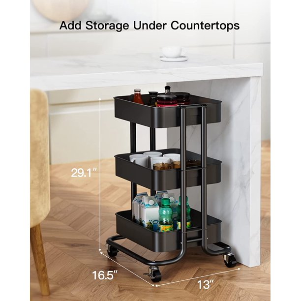 Myfurnideal 3-Tier Rolling Utility Cart Metal Storage Cart with Handle for Kitchen, Dining Room, Living Room, Hold up to 66lbs - Walmart.com