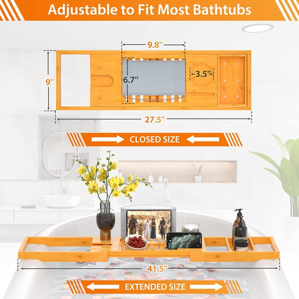 Pipishell Bath Tray Bamboo Bathtub Tray Caddy Expandable Wood Tray with Wine Glass Holder, Reading Holder, and Phone Slot for Bathtubs - Walmart.com