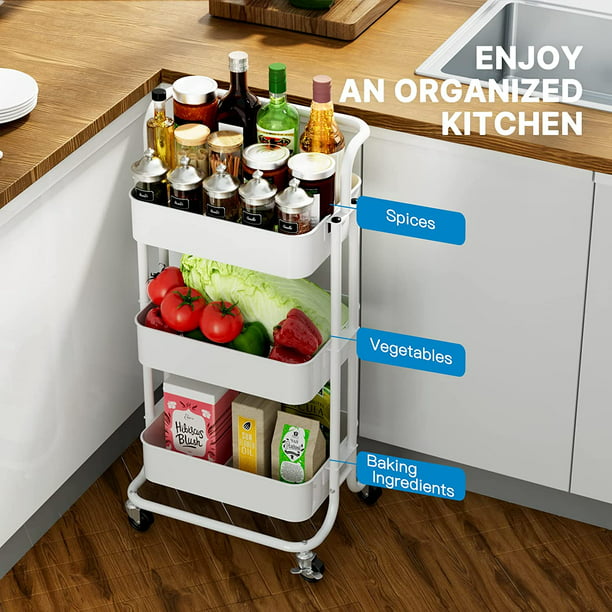 Myfurnideal 3 Tier Mesh Utility Cart Multifunctional Storage Shelves Rolling Metal Organization Cart with Handle and Lockable Wheels for Kitchen, Living Room, Office - Walmart.com