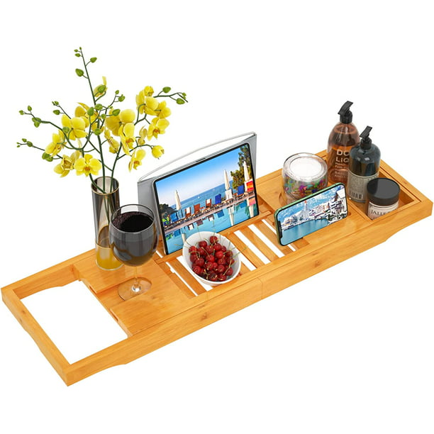 Pipishell Bath Tray Bamboo Bathtub Tray Caddy Expandable Wood Tray with Wine Glass Holder, Reading Holder, and Phone Slot for Bathtubs - Walmart.com