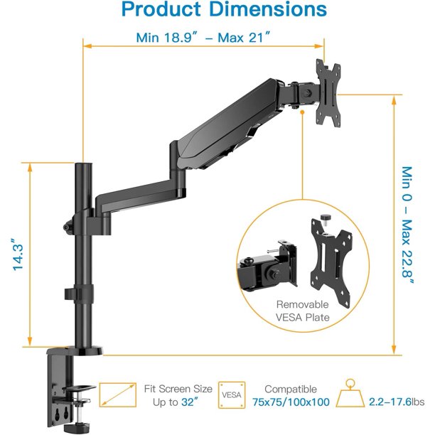 Myfurnideal Monitor Mount Stand for 32 Inch Screens Adjustable Single Arm Desk Mount with Clamp, Hold up to 17.6lbs - Walmart.com